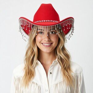 Red Cowboy Cowgirl Bling Bling Hat Felt Rhinestones Dangling Vintage Style NWT